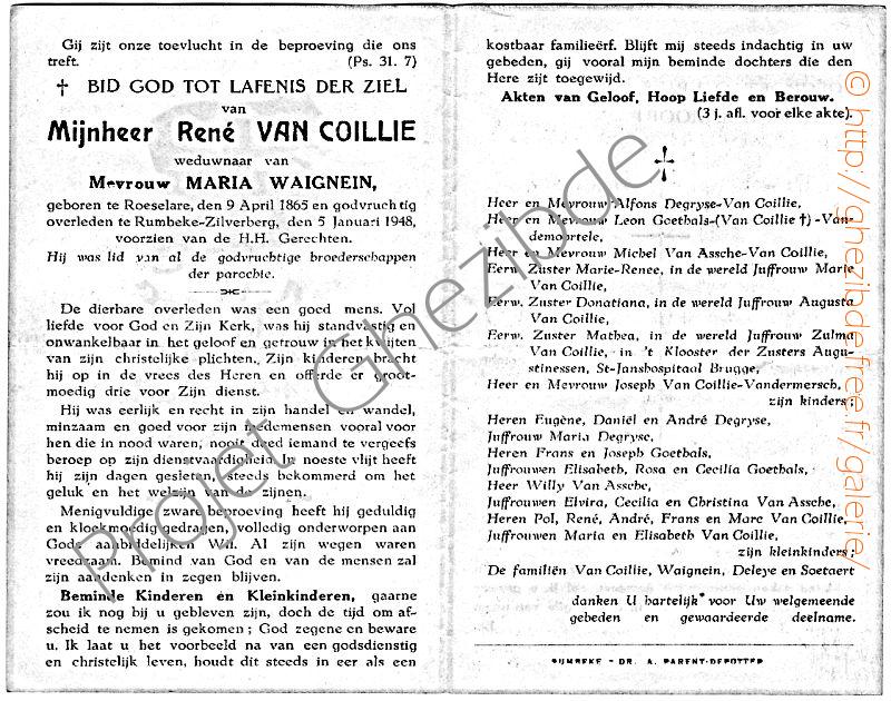 René Van COILLIE weduwnaar van Mevrouw Maria WAIGNEIN, overleden te Rumbeke-Zilverberg, den 5 Januari 1948.